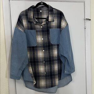 Oversized Denim and Plaid Jacket